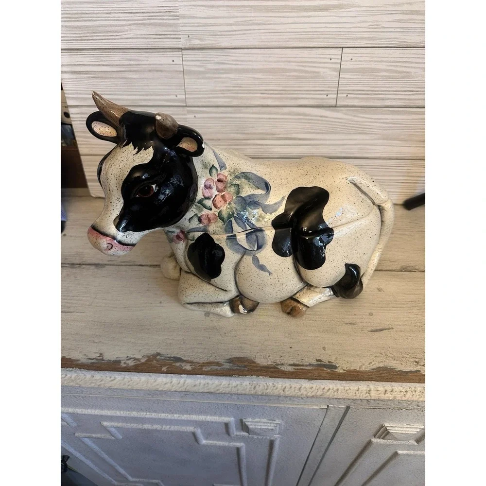 Vintage Ceramic Rare 2 Piece Cow Cookie Jar Hand Painted